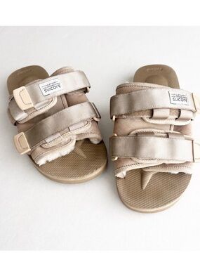 SUICOKE MOTO-Mab Shearling Lined Sandals Suede Taupe Beige Velcro Strap Unisex
